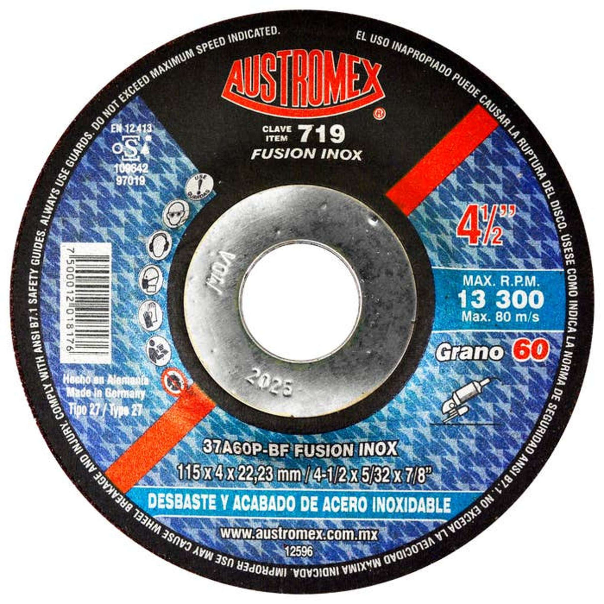 Disco de Desbaste, tipo 27, de Óxido de Aluminio, diam. 4-1/2 pulg, espesor 5/32 pulg, barreno de 7/8 Pulg