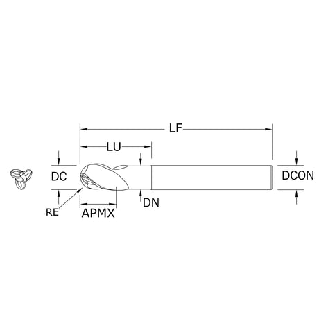 Cortador Vertical de Alto Rendimiento para Aluminio, Diam. Cte. 1/4 pulg, 3 Flautas, Punta Bola