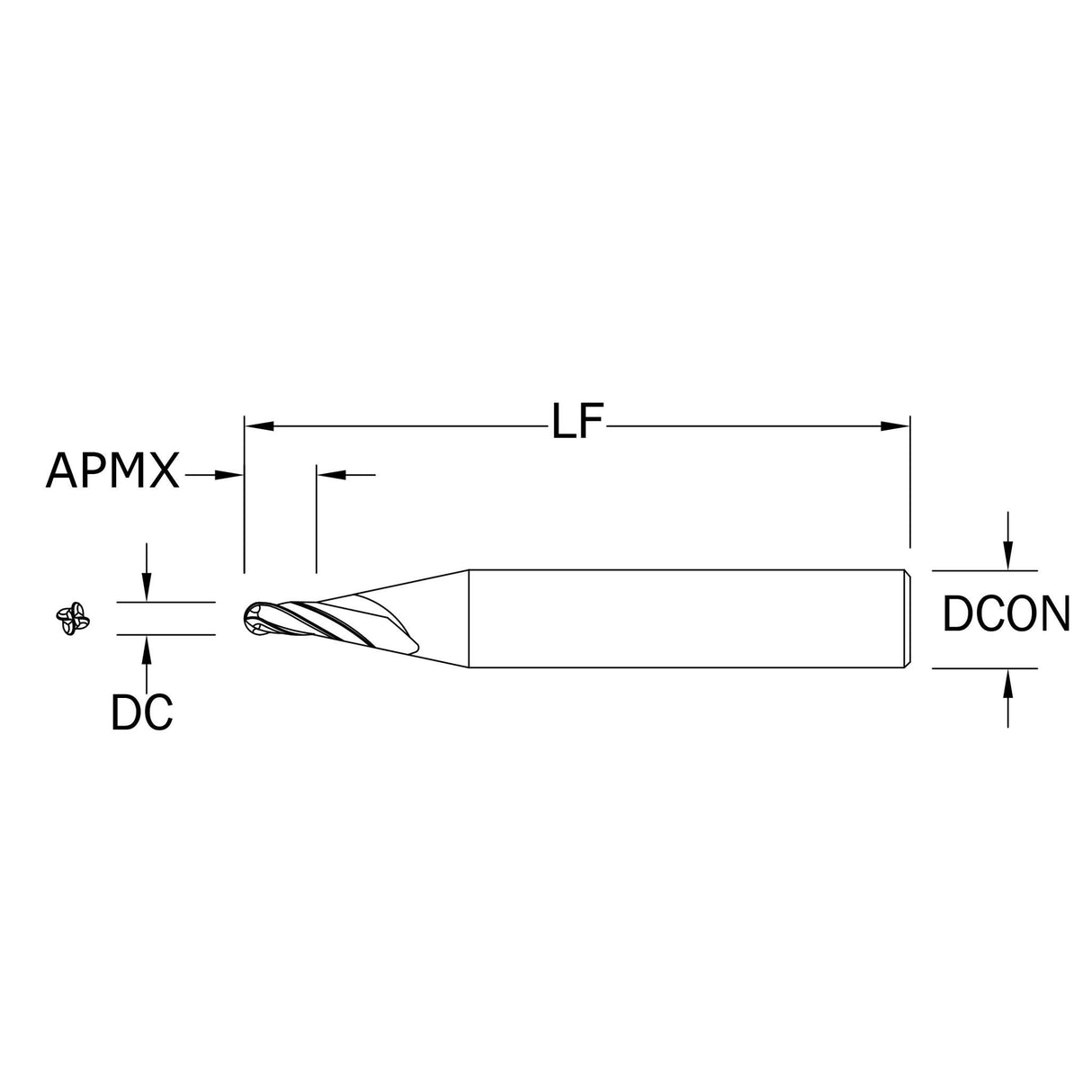 Micro Cortador Vertical, Diam. Cte. 0.6 mm, 4 Flautas, Punta Bola